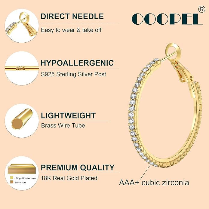 925 Sterling Silver Earrings Large Rhinestone Hoop Earrings Big Cubic Zirconia Hoop Earrings Thin Rhinestones Round Hoop Earrings for Women 20/30/40/50/60/70mm Sparkly Hoops With Crystals for Womens