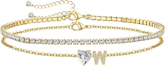 Gold Initial Ankle Bracelets for Women Waterproof 14K Gold Filled Layered Anklets for Women Non Tarnish Women's Anklets Adjustable Large Ankle Summer Beach Foot Jewelry