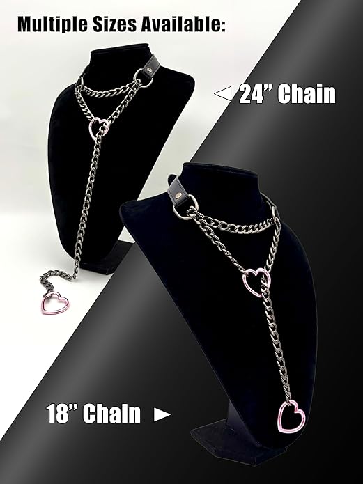 Black Leather Choker Collar For Women, Handmade Heart Slip Chain Choker Long Necklace with Adjustable Buckle