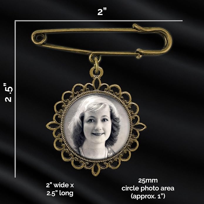 Wedding Boutonniere Bronze Gold Bouquet Photo Memorial Charm Pin Round Mother of the Bride Gift for Groom or Bride with Photo Resizing Software