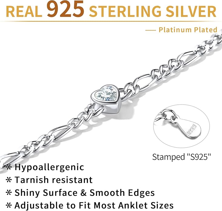 ChicSilver Sterling Silver Anklets Bracelets for Women, Figaro Chain Heart/Round Birthstone Anklet for Women Waterproof, Dainty Herringbone Ankle Bracelet Summer Beach jewelry