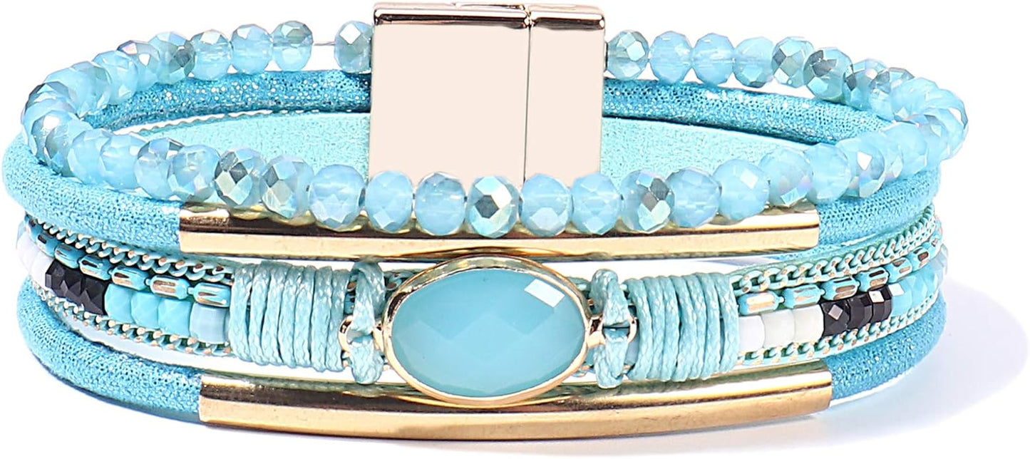 FANCY SHINY Leather Wrap Bracelets Crystal Beads Bracelet Boho Cuff Stone Charm Bracelets with Clasp Costume Jewelry for Women