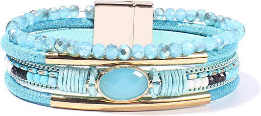 FANCY SHINY Leather Wrap Bracelets Crystal Beads Bracelet Boho Cuff Stone Charm Bracelets with Clasp Costume Jewelry for Women