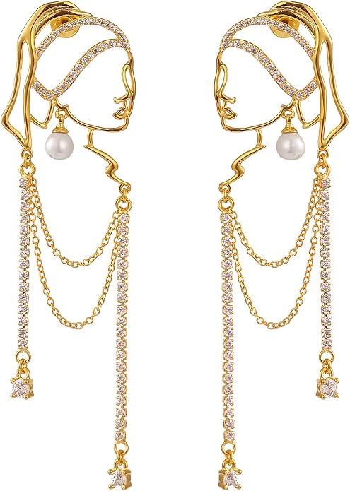Unique Abstract Face Art | Dangle Statement Long Earrings for Women | Rhinestone Tassel Handmade Chandelier Earrings