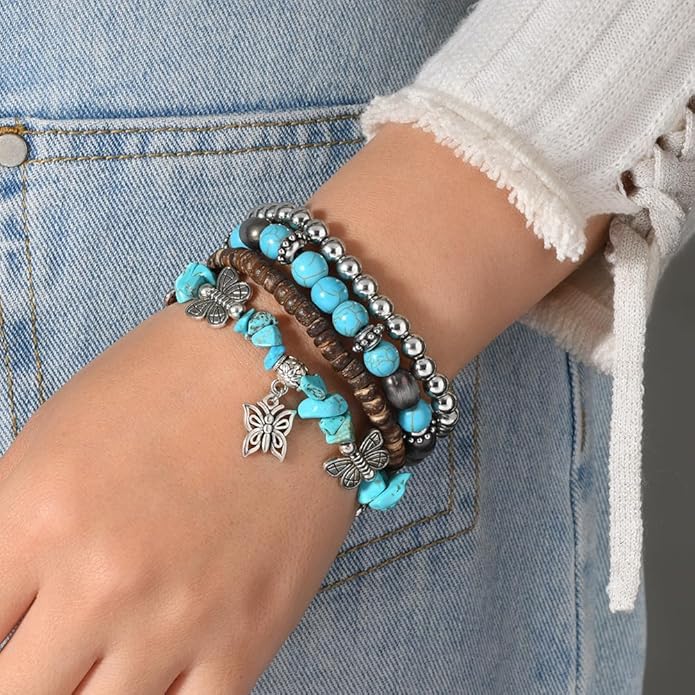 ONLYJUMP Bohemian Mix Bead Multi Layer Versatile Bracelets Set Boho Turquoise Stackable Beaded Strand Stretch Bangles Bracelets Statement Bangle Boho Jewelry Set