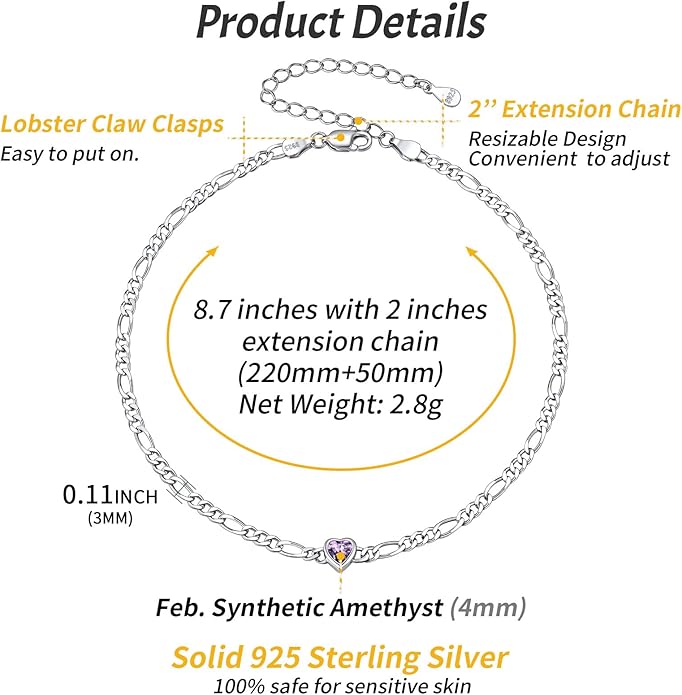 ChicSilver Sterling Silver Anklets Bracelets for Women, Figaro Chain Heart/Round Birthstone Anklet for Women Waterproof, Dainty Herringbone Ankle Bracelet Summer Beach jewelry