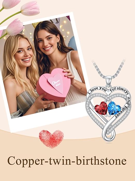 I Love You for Awlays and Forever Double Heart Necklace with Birthstone, 2 Birth Stone Jewelry Anniversary Valentines Mothers Day Christmas Birthday Gifts for Women Her Wife Girlfriend Mom Mother
