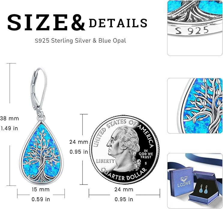Sterling Silver Tree of Life/Flower/Bee/Animals/Cat/Hummingbird Dangle Earrings Moonstone Turquoise Drop Leverback Earrings Jewelry Gifts