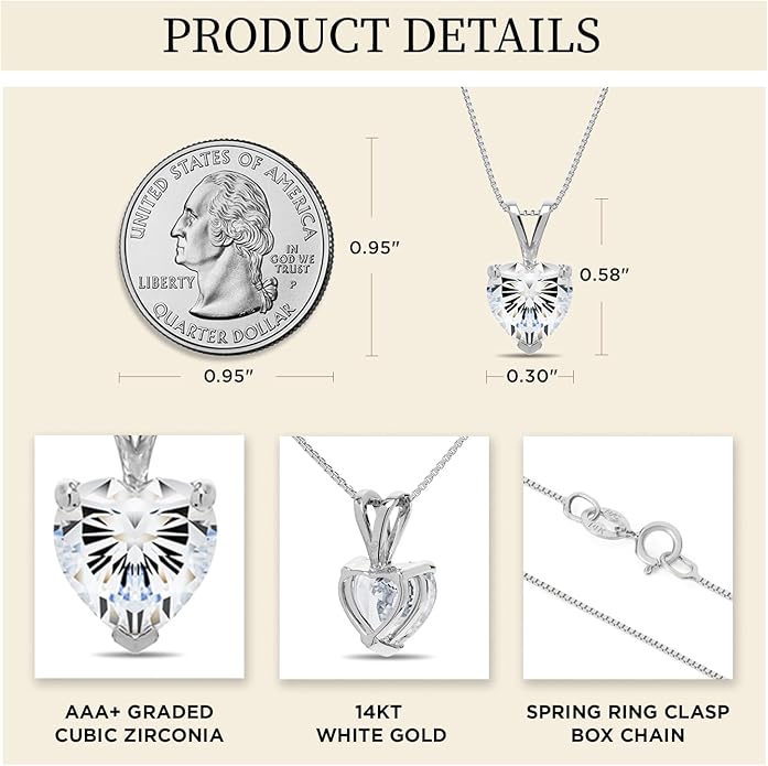 Everyday Elegance Solid 14K Gold Cubic Zirconia Solitaire Pendant Necklace for Women Heart, Princess, Round, Oval, Emerald, Pear & Cushion Cut 1 or 2 CTW | .60mm Thick 16" 18" Length Box Link Chain