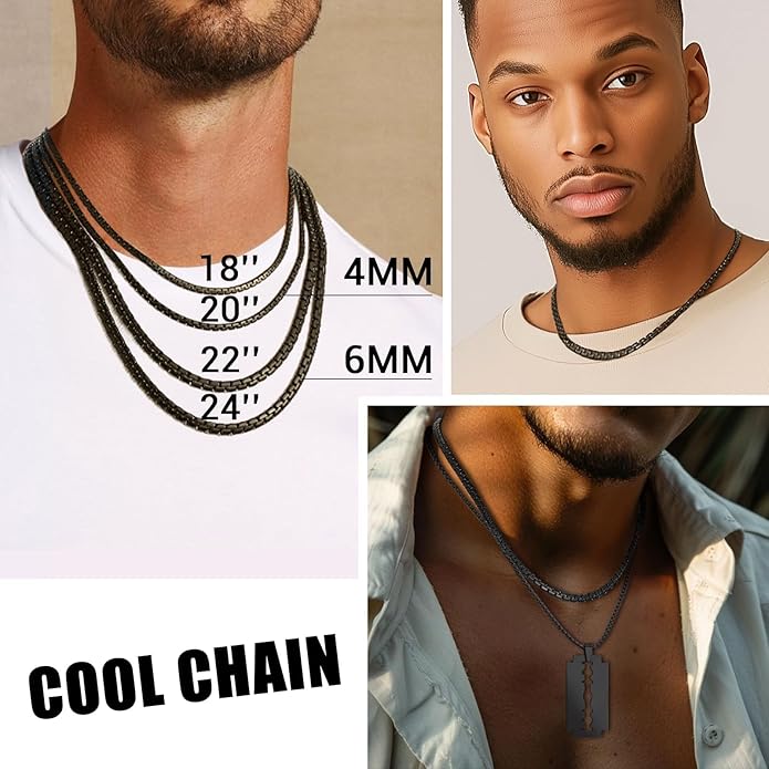 PROSTEEL Stylish Stainless Steel Round Link Chain Necklace for Men, 2mm/4mm/6mm/8mm. Silver/Gold/Black Tone, Hypoallergenic Jewelry, 14"-30", Come with Box