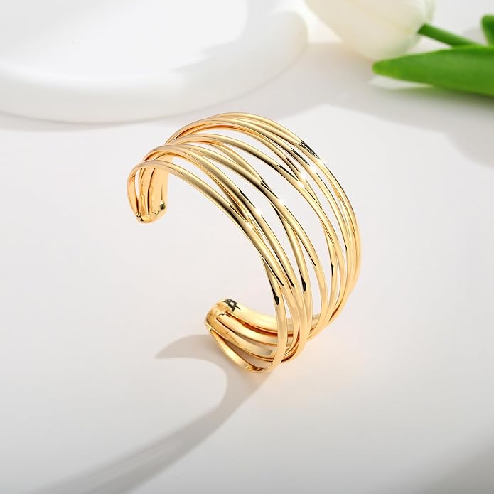 Gold Cuff Bracelet for Women Chunky Multi-layer Cross Wire Open Bracelet Hollow Wide Cuff Bracelets Adjustable Gold Open Cuff Bangle Bracelet