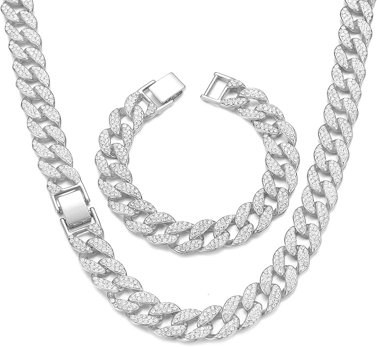 Saintda Cuban Link Chain and Bracelet Set for Men Women Iced Out Diamond Gift for Boys Hip Hop Rapper Jewelry