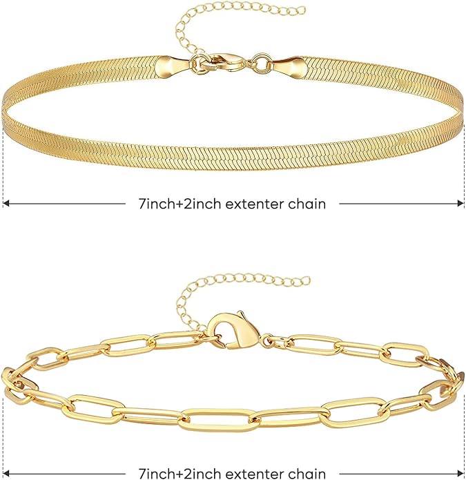 Gold Bracelets for Women Trendy,14K Gold Plated Dainty Stackable Paperclip Cuban Link Chain Bracelets, Simple Cute Cuff Bracelets Jewelry Set Adjustable 7"+2"
