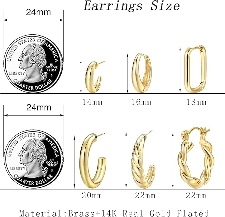 Hoop Earrings Set for Women, 6 Pairs 14K Gold Plated Lightweight Hypoallergenic Chunky Open Twisted Hoops Earrings Pack Jewelry
