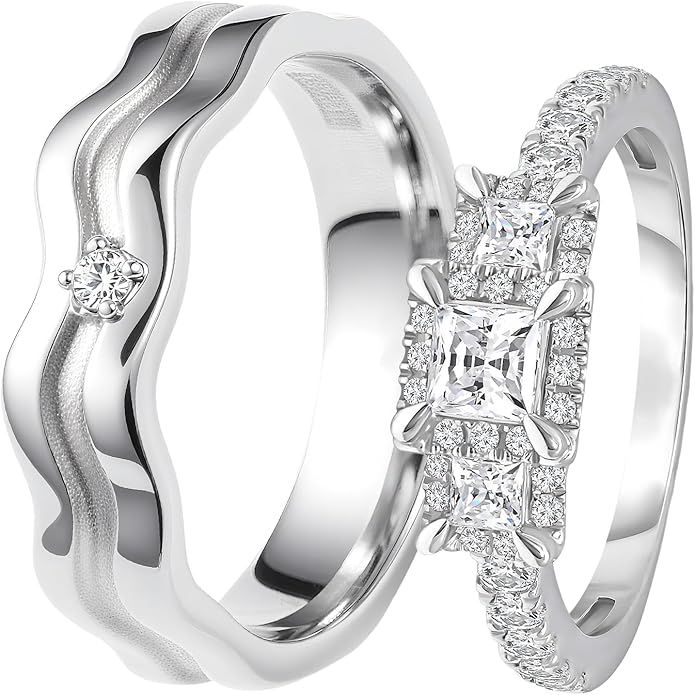 Rikelus Moissanite Engagement Ring Sets for Couples,10K 14K 18K Solid Gold Heart/Princess/Round Cut Bridal Ring Sets,Customized Matching Wedding Bands Set for Men and Women Free Engraving
