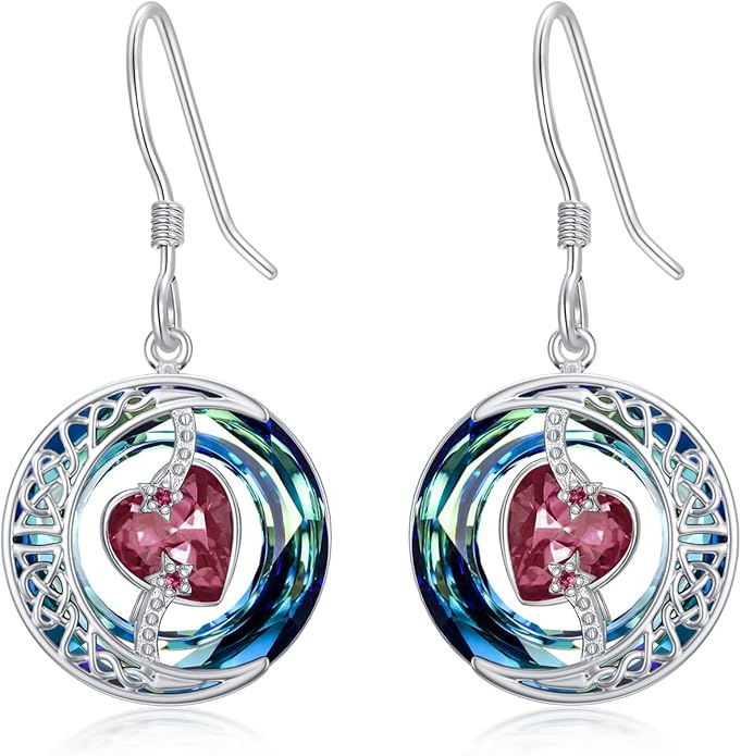 TOUPOP Birthstone Earrings for Women 925 Sterling Silver Moon and Star Dangle Earrings with Blue Crystal BirthdayJewelry Christmas Gifts for Women