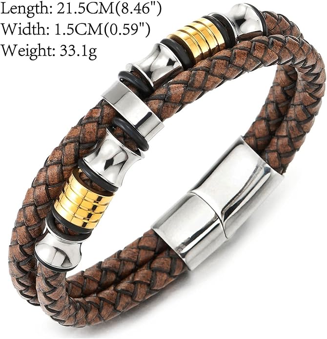COOLSTEELANDBEYOND Mens Double-Row Braided Leather Bracelet Bangle Wristband with Stainless Steel Ornaments