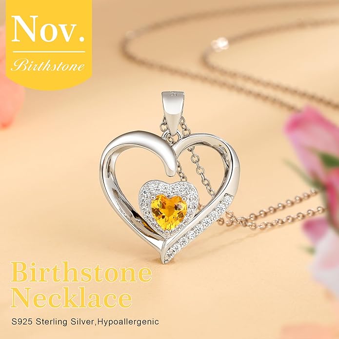 GLIVEOR Heart Birthstone Necklace for Women,S925 Sterling Silver Necklace Birthstone Necklace Heart Necklace for Women Birthday Jewelry Gifts for Women