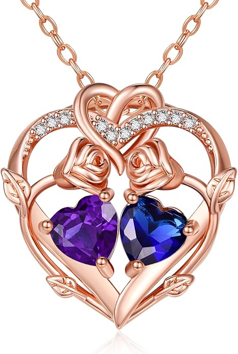 Rose Gold Necklaces for Women Double Birthstone Rose Flower Heart Pendant Necklace Jewelry Anniversary Christmas Valentine's Mother's Day Birthday Gift for Wife Mom Her Girlfriend Sister