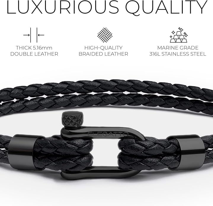 Elegatto Helix Premium Vintage Leather Bracelet for Men | Double Black Leather Strands with Sterling Silver Polished Mini Shackle Closure | Men’s Designer Jewelry