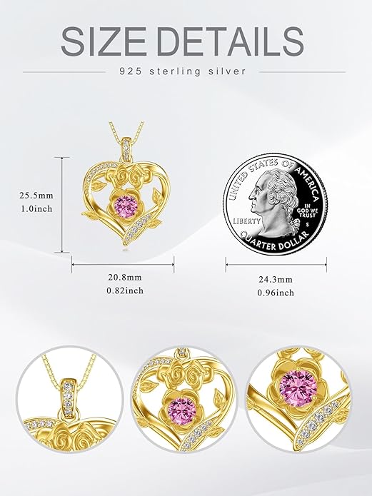 Midari 18K Gold Heart Birthstone Necklace for Women Rose Pendant Birthday Jewelry Gifts for Wife Her Daughter Mom