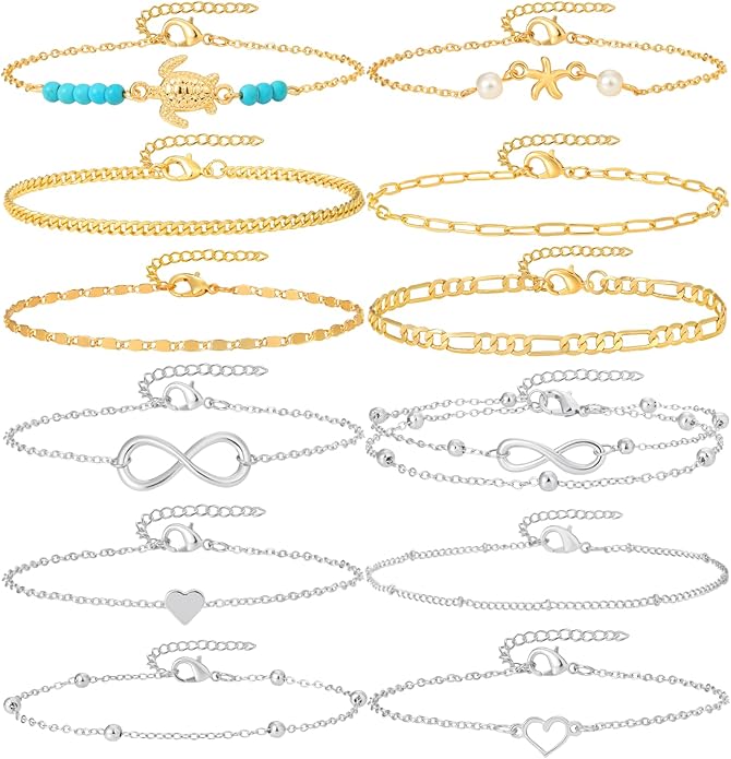 Starain 12Pcs Summer Beach Anklets for Women Waterproof Gold Silver Chain Ankle Bracelets Cute Women's Foot Anklet Set 7.9-10.5 inch Adjustable
