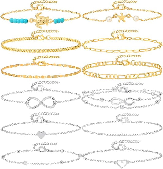 Starain 12Pcs Summer Beach Anklets for Women Waterproof Gold Silver Chain Ankle Bracelets Cute Women's Foot Anklet Set 7.9-10.5 inch Adjustable