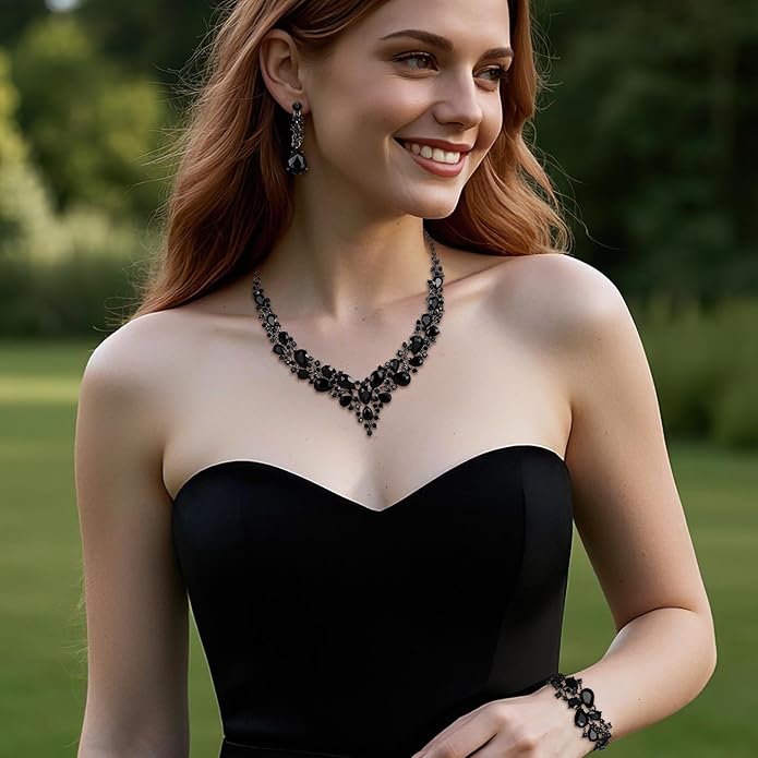 BriLove Wedding Bridal Jewelery for Women Austrian Crystal Teardrop Cluster Statement Necklace Dangle Earrings Link Bracelet Set