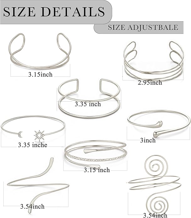 GANDC 8 Pcs Upper Arm Cuff Jewelry for Women Gold Silver Minimalist Arm Cuffs Bangle Band Armlet Adjustable Coil Armband Bracelet Set Jewelry