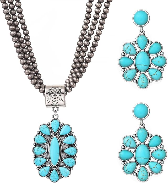 KLSURPRISE2 Western Jewelry Sets for Women – Turquoise Necklace and Earring Set Vintage Boho Cowgirl Accessories Country Jewelry Gift for Her