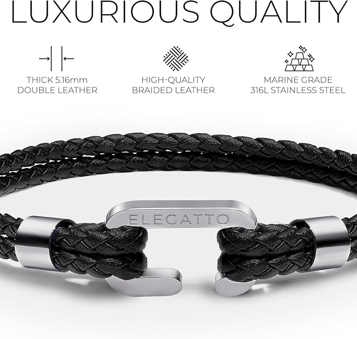 Elegatto Helix Premium Vintage Leather Bracelet for Men | Double Black Leather Strands with Sterling Silver Polished Mini Shackle Closure | Men’s Designer Jewelry