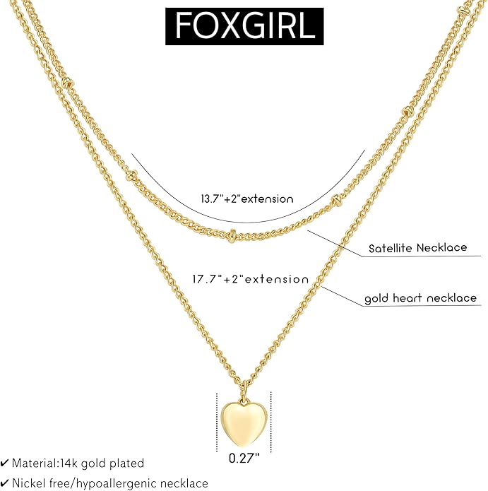 Foxgirl Gold Heart Necklaces for Women 14k Gold Plated Pendant Necklace Simple Cute Necklaces for Women Dainty Layered Choker Necklaces for Women Gold Jewelry for Teen Girls