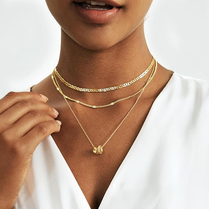 Gold Layered Necklaces for Women 14k Gold Plated Dainty Stackable Choker Necklaces for Women Trendy Layering Chain Cute Pendant Necklace Set Gold Jewelry for Women