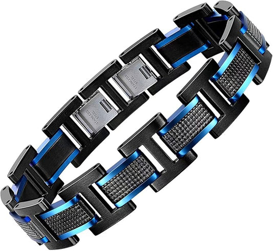 Men's Stainless Steel Two-Tone Square Link diamond Bracelet in Black & Blue Ion-Plated Black