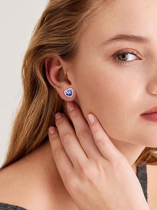 ChicSilver 925 Sterling Silver Birthstone Earrings for Women, 8MM/2 Carat Heart & Round Cubic Zirconia Stud Earrings, Hypoallergenic Jewelry, Ideal Birthday or Christmas Gifts