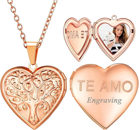 U7 Women Locket Necklace Platinum 14K Gold Photo Lockets that Hold Picture,Chain 20 Inch Personalized Gift Custom Love Heart Image Necklaces