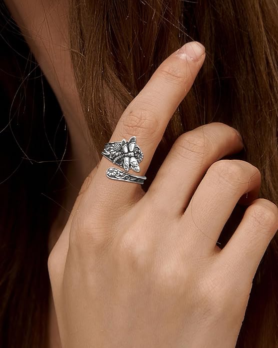 S925-Sterling-Silver Abalone Dragonfly-Turquoise Spoon Ring - Vintage Boho Sunflower Thumb Oxidized Wrap Rings Victorian Style Antique Floral Jewelry Gifts for Women