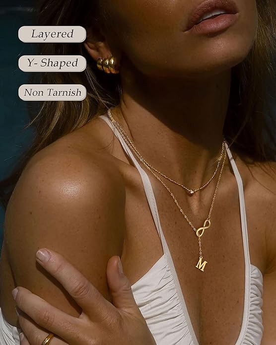FUNEIA Gold Initial Necklaces for Women Trendy Dainty Long 14K Gold Plated Infinity Lariat Letter Necklace Non Tarnish Friendship Personalized Name Drop Pendant Y Necklace Stack Jewelry Gift