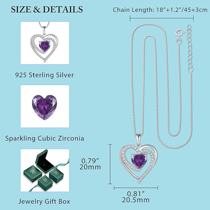 FJ Love Heart Necklace for Women 925 Sterling Silver Birthstone Pendant Anniversary Birthday Jewelry