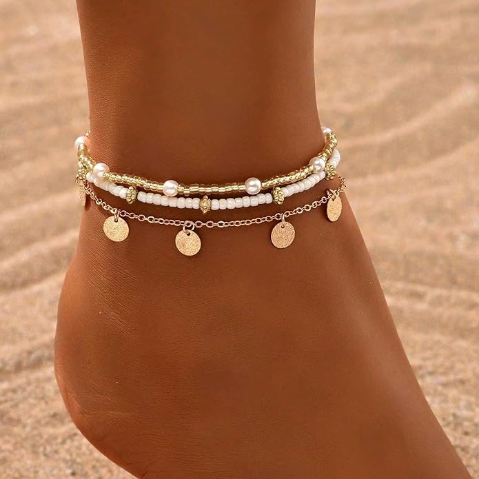 Shell Ankle Bracelet Set for Women, Gold Plated Boho Bead Adjustable Anklet, Hawaiian Beach Seashell Pearl Heart Starfish Conch Foot Jewelry Gifts