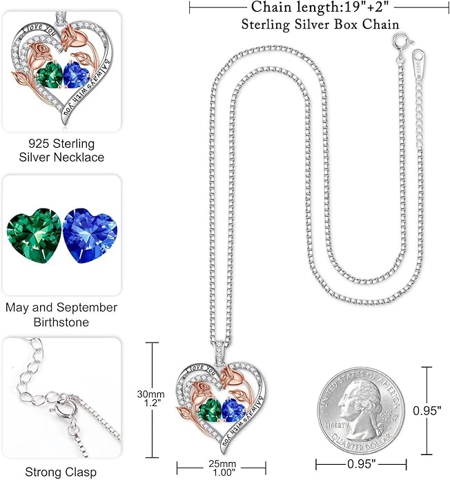 Iefil Birthstone Necklace for Women - 925 Sterling Silver Rose Heart Birthstone Necklace Birthday Anniversary Jewelry Gifts for Her Wife Mom Daughter