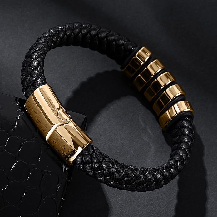 Leather Bracelet for Men Braided Cuff Wristband Stainless Steel Clasp in Silver and Gold Jewellery Gift