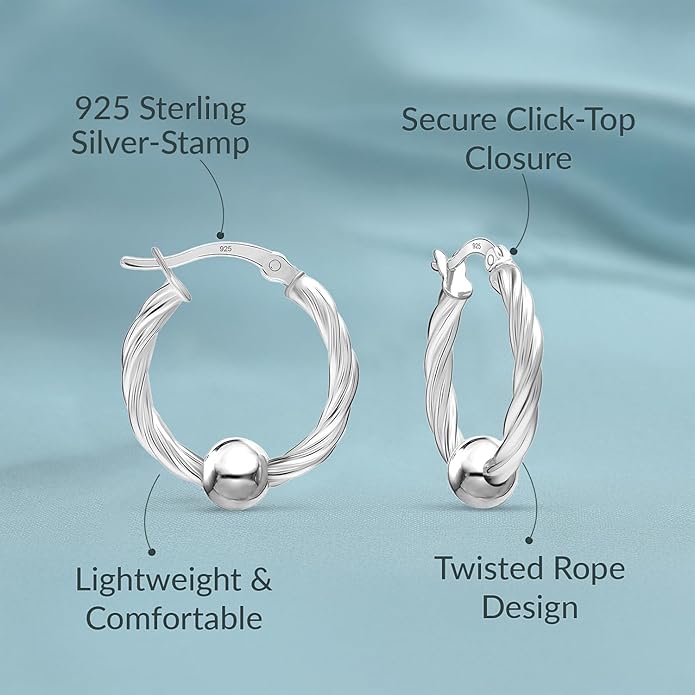 LeCalla 925 Sterling Silver Beaded Ball Hoop Earrings | Lightweight Sleeper Bead Ball Earring Hoops | Cape Style Hoop Earrings for Women