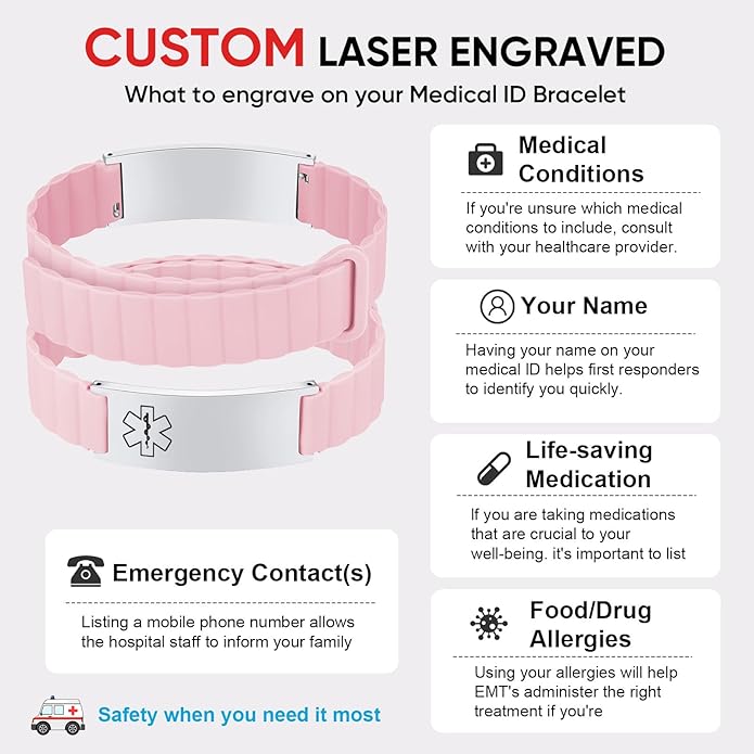 Comfortable Medical ID Bracelet for Men & Women - Custom Engraved Silicone Strap Comfort Fit Medical Alert Bracelets for Sports,Adjustable Waterproof Customizable Wristband for Diabetic