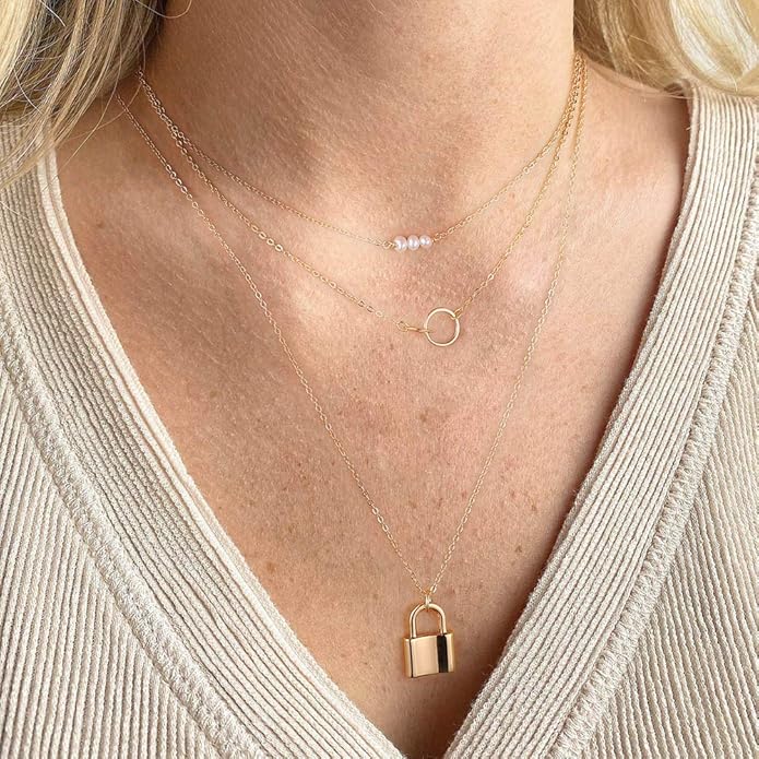 Turandoss Gold Layered Necklaces for Women - 14K Gold Plated Handmade Multilayer Bar Pearls Coin Disc Moon Butterfly Medallion Adjustable Dainty Layered Choker Necklaces for Women Jewelry
