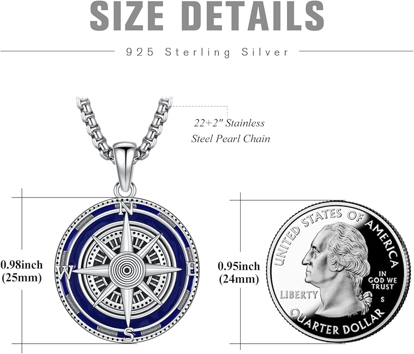 KINGWHYTE Compass Necklace for Men 925 Sterling Silver Birthday Gifts Graduation Travel Jewelry for Husband Brother with Stainless Steel Chain
