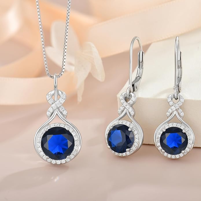 Sapphire Infinity Jewlery Set for Women, 925 Sterling Silver Necklaces and Earrings Halo September Birthstone Jewelry Gift for Birthday Anniversary