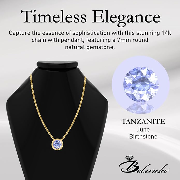 14K Gold Necklace for Women - 7mm Round Natural Gemstone Pendant with 18" Gold Chain - Trendy Birthstone Statement Fine Jewelry - Yellow Gold, Elegant Women's Accessories