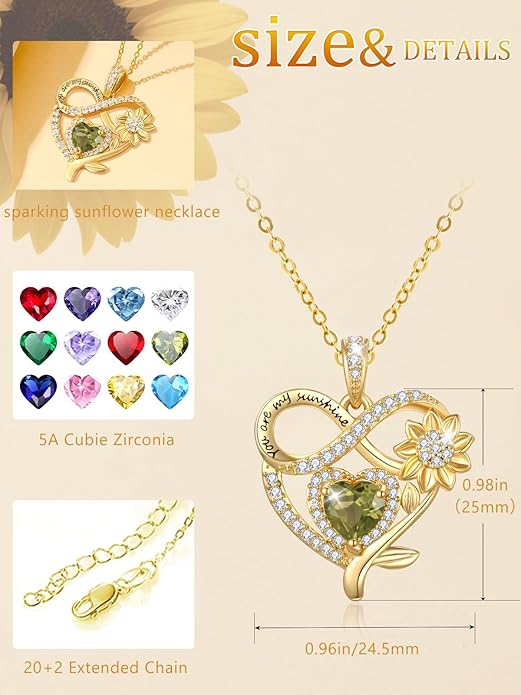 14K Gold Sunflower Heart Necklace for Women, You Are My Sunshine Jewelry with Birthstone Pendant, Anniversary Birthday Gifts for Her Wife Mom Grandma Daughter