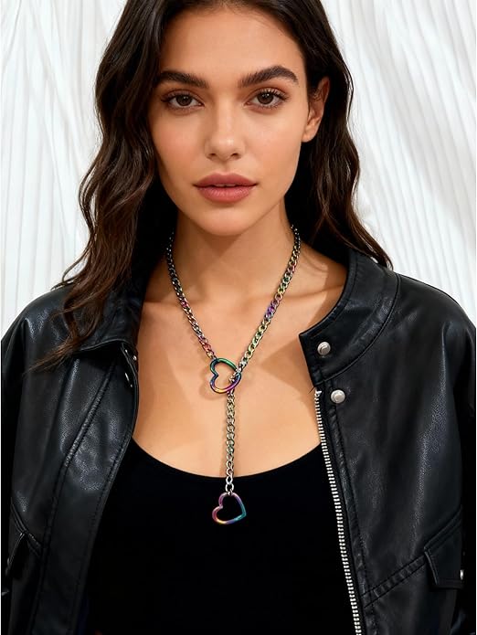 Artmiss Statement Chain Necklace Thick Link Choker with Heart Pendant Heavy Stainless Steel Industrial Unisex Statement Jewelry Gift for Women Men